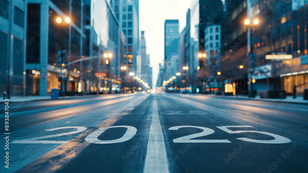 Fototapeta premium An empty city street at dusk, marked with the year 2025, reflecting a futuristic urban landscape.