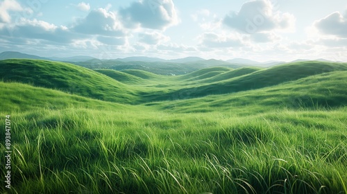 A vast grassland, gentle hills rolling under a pale blue sky with faint light. No visible sun, just a soft illumination.