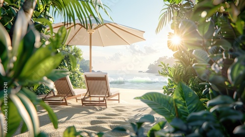 Beach with two sun loungers under a large umbrella against the backdrop of the ocean and palm trees.