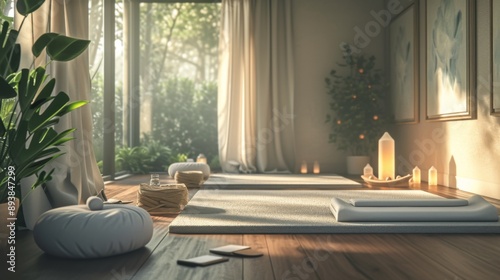 Yoga room with mats and calming decor