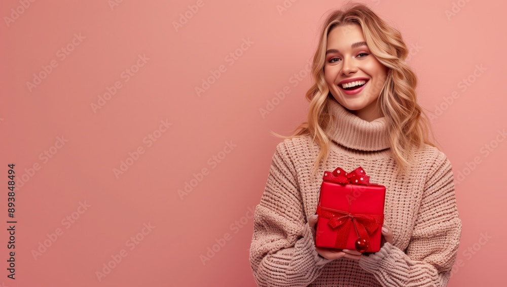 Fototapeta premium The happy woman is joyfully posing with a gift box in a vibrant and colorful setting against a pink background, radiating joy and celebrating. Her cheerful expression shows excitement and happiness