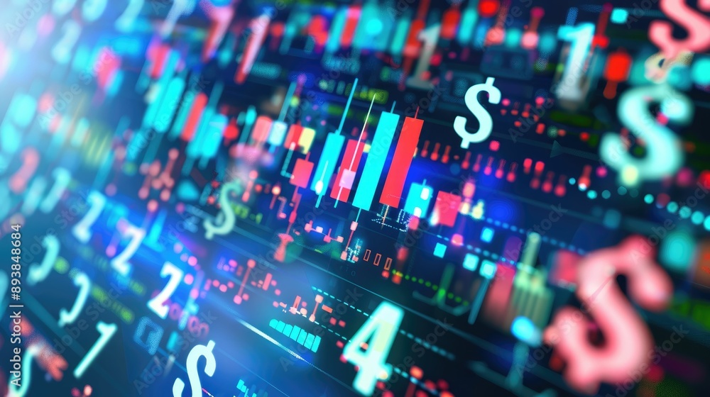 Currency symbols floating around a 3D bar chart with rising trends Currency symbols floating around a 3D bar chart with rising trends