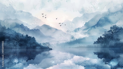 A Tranquil Water Reflection of a Misty Mountain Landscape