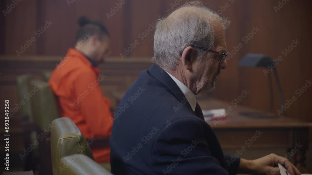 Rack focus from prosecutor to black man in court room trial Rack focus from prosecutor to black man in court room trial