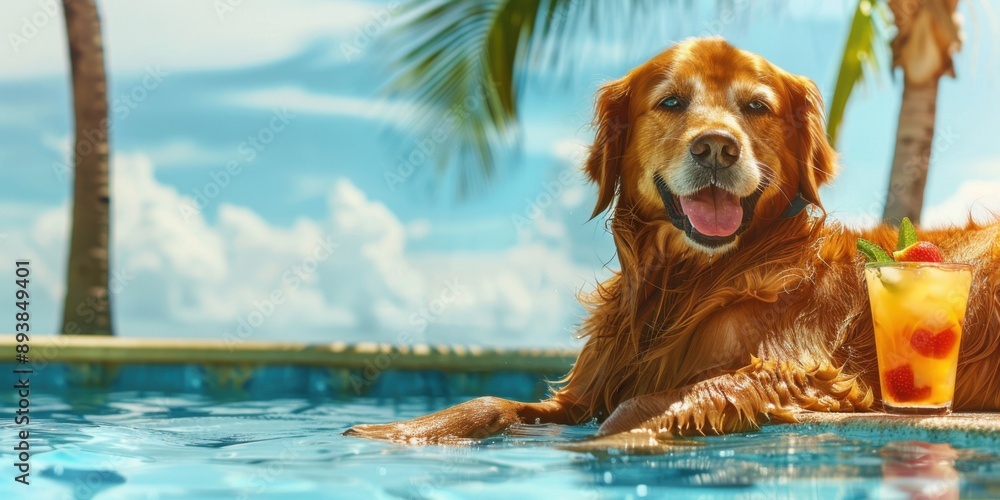 Fruity Golden Retriever Enjoying a Poolside Drink on a Sunny Summer Day Fruity Golden Retriever Enjoying a Poolside Drink on a Sunny Summer Day