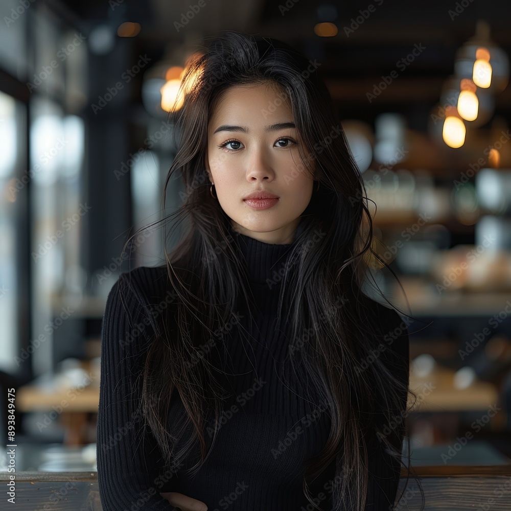 Obraz premium beautiful asian cosmetic model, 22 years old, standing in the modern cafe, black long hair and black eyes ,long lashes