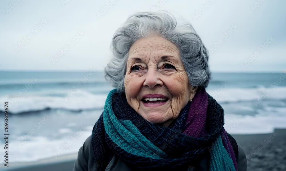 smiling senior woman with scarf on the beach at autumn or winter