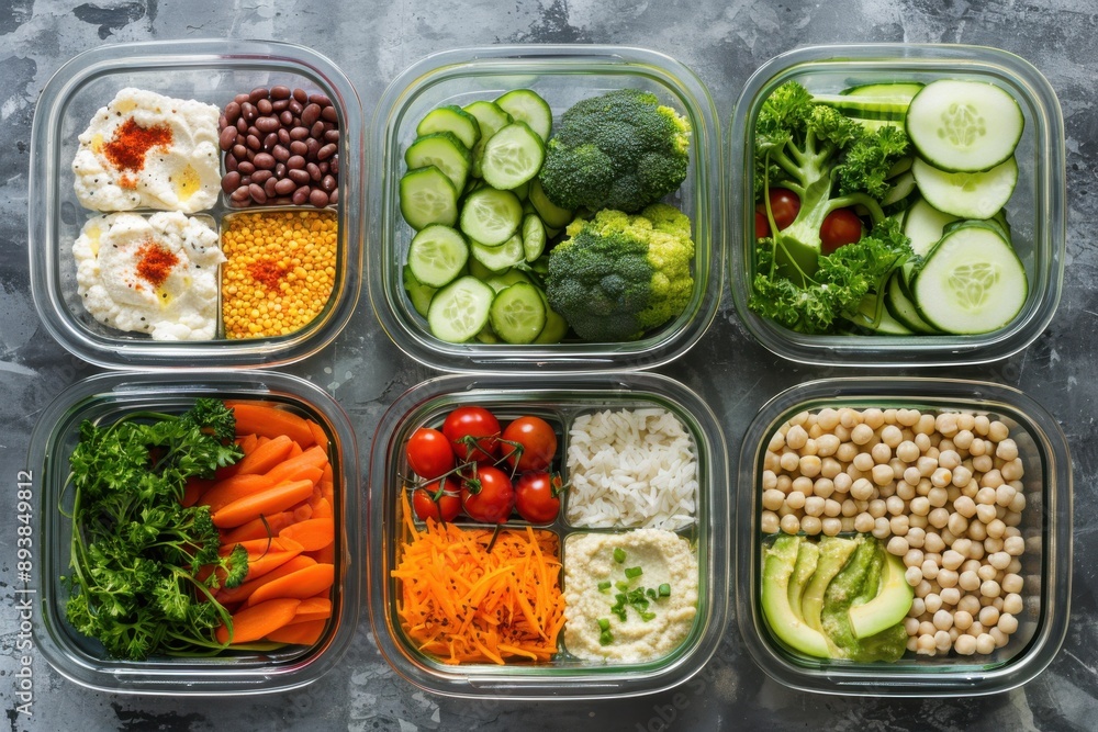 Glass Container. Top View of Vegetarian Lunch Box with Rice, Beans, and Hummus Glass Container. Top View of Vegetarian Lunch Box with Rice, Beans, and Hummus