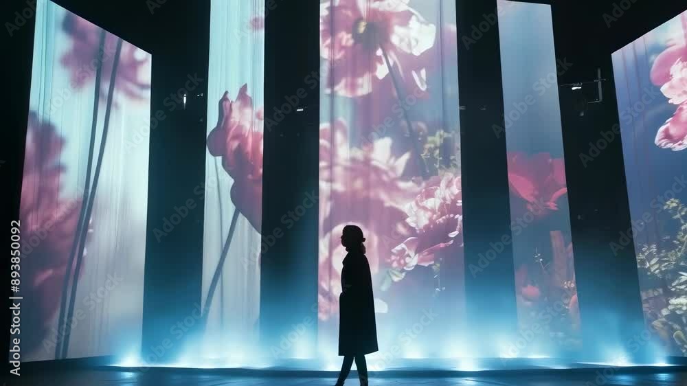 custom made wallpaper toronto digitalA young woman, possibly in her 20s or 30s, observes large, vertical digital screens displaying a vibrant floral art installation. She stands alone in a low-lit, immersive room. The setting has a