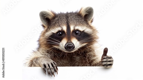 A delightful raccoon giving a thumbs up, isolated on a white background photo