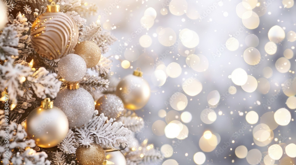 Adorned holiday tree with gold and white ornaments, light bokeh backdrop Adorned holiday tree with gold and white ornaments, light bokeh backdrop