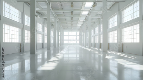 Spacious industrial warehouse with large windows, high ceilings, and polished white floors. Ideal for storage, events, or production, boasting a bright minimalist interior