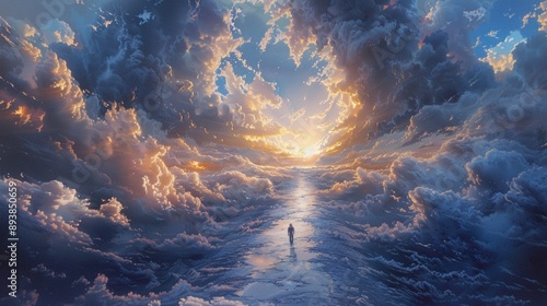 A surreal scene of a person walking through a path in the clouds, illuminated by a heavenly light. photo