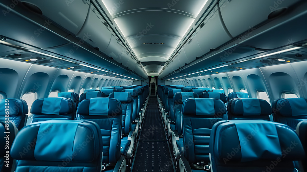 Obraz premium Interior view of an empty airplane cabin featuring rows of blue seats, ready for passengers.