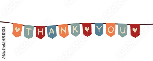  Thank you - Schriftzug in englischer Sprache - Danke. Banner mit einer bunten Wimpelkette.