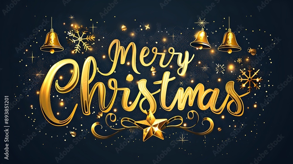 Fototapeta premium Golden Christmas Greeting with Bells and Stars