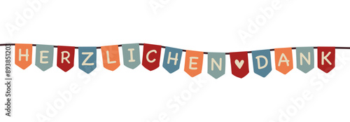  Herzlichen Dank - Schriftzug in deutscher Sprache. Banner mit einer bunten Wimpelkette.
