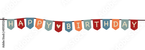 Happy Birthday  - Schriftzug in englischer Sprache - Alles Gute zum Geburtstag. Banner mit einer bunten Wimpelkette.