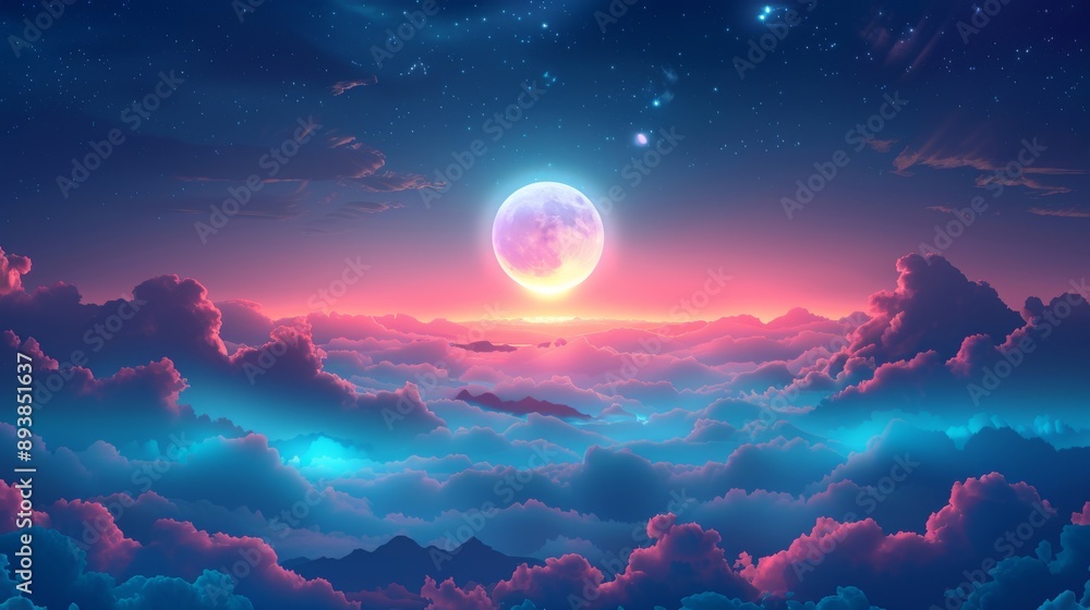 A luminous full moon shines above a sea of clouds casting a pink glow on the sky A luminous full moon shines above a sea of clouds casting a pink glow on the sky