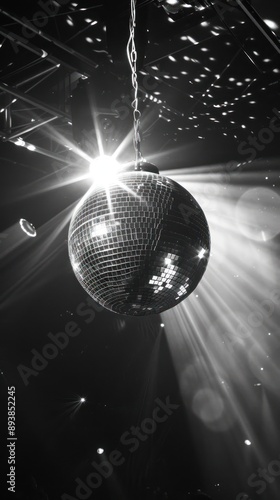Black and white photo of disco ball with spotlights.