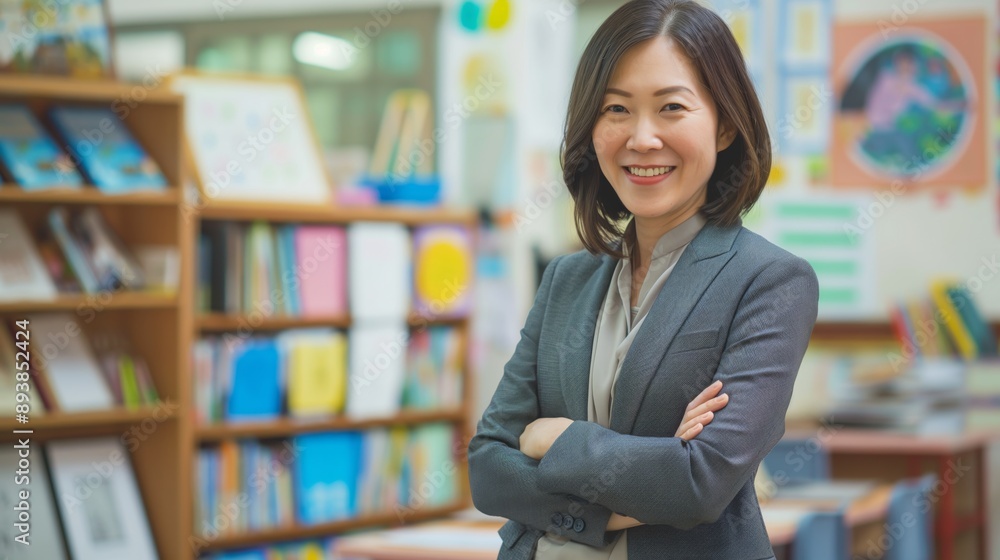 Smiling MiddleAged East Asian Female School Teacher in Classroom Environment for Educational and Professional Use Smiling MiddleAged East Asian Female School Teacher in Classroom Environment for Educational and Professional Use