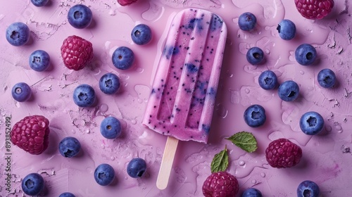 A Purple Popsicle Melts on a Pink Background Surrounded by Blueberries and Raspberries photo