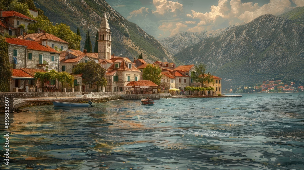Naklejka premium beautiful view of perast town in kotor bay montenegro famous travel destination summer landscape