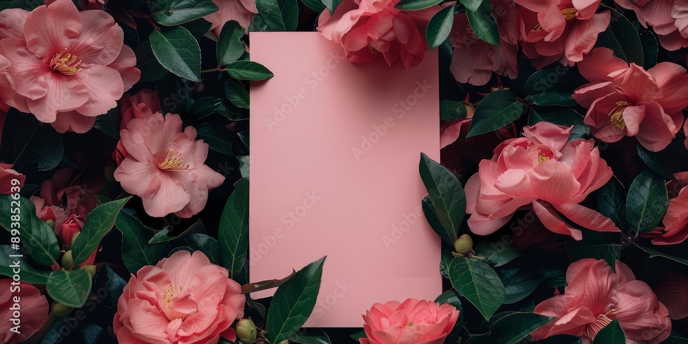 Obraz premium a photo of a baby pink sheet of paper centered on the screen surrounded by pink camelias 
