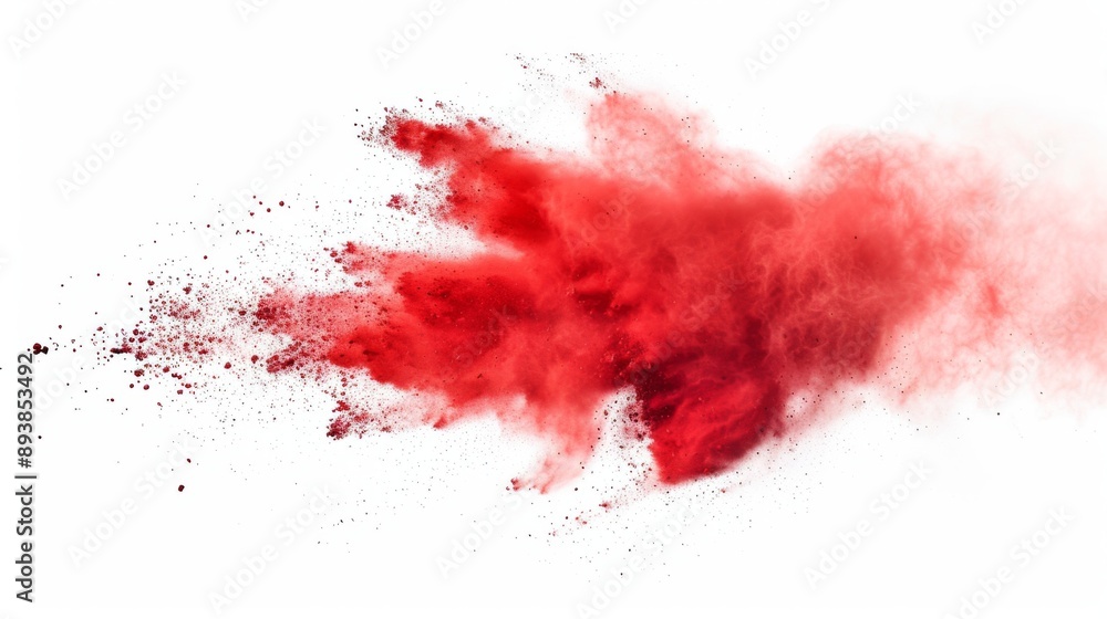 Vibrant red powder explosion against a pure white backdrop Vibrant red powder explosion against a pure white backdrop