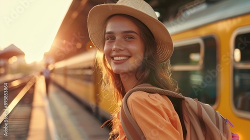 happy young woman in hat and backpack standing on platform of train at station