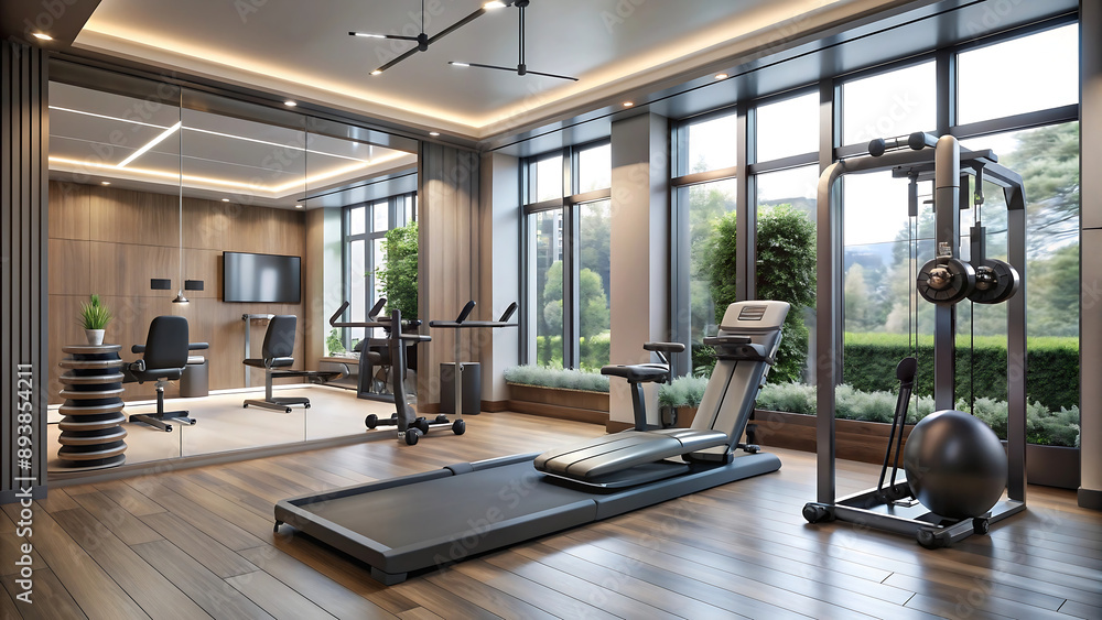 gym equipment in gym, Functional Home Gym with High-Tech Equipment and Stylish Design. gym equipment in gym, Functional Home Gym with High-Tech Equipment and Stylish Design.