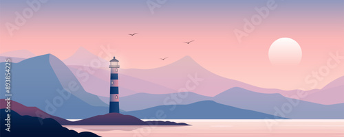 Lighthouse on the shore of a beautiful ocean bay. 
Beautiful landscape of a sea lighthouse on a rocky coast, stunning mountains and a red sunset with a rising moon. Panoramic seascape.