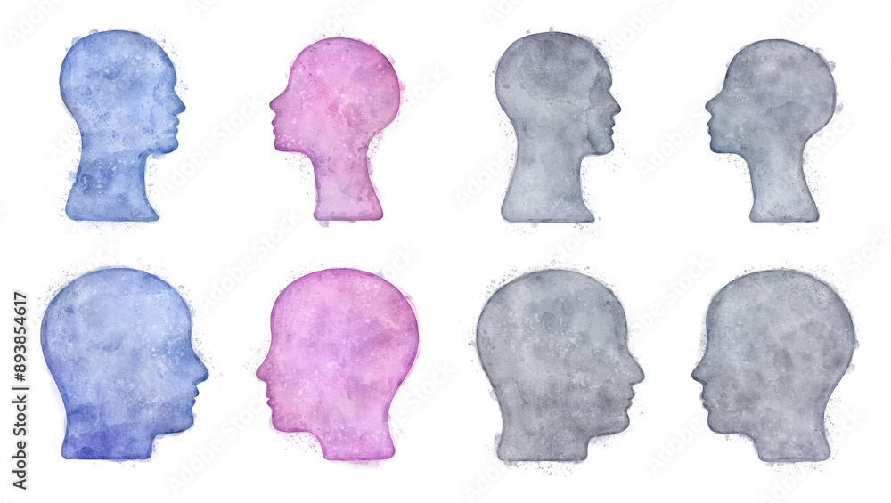 Watercolor male and female head profile silhouettes isolated with transparency Watercolor male and female head profile silhouettes isolated with transparency