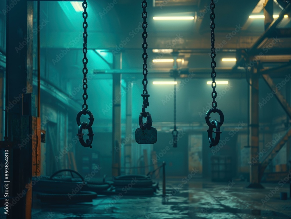 Chains hanging from the ceiling in a dimly lit room. AI. Chains hanging from the ceiling in a dimly lit room. AI.