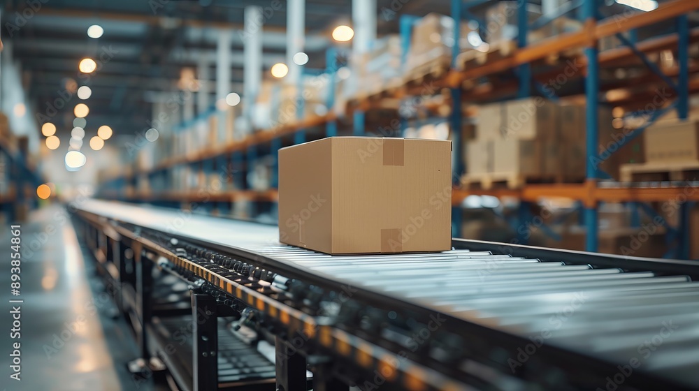 A recyclable cardboard box being transported on a conveyor belt in a modern logistics center, prepared for delivery to an online client as part of a large retail business's conveyor system A recyclable cardboard box being transported on a conveyor belt in a modern logistics center, prepared for delivery to an online client as part of a large retail business's conveyor system