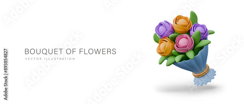 Bouquet of fresh flowers in wrapper. Vector illustration in realistic style