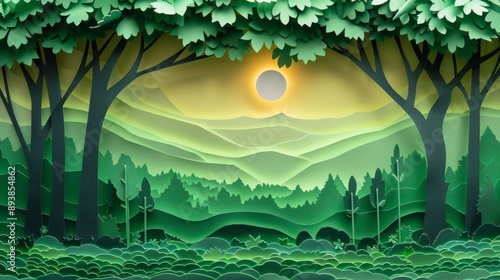 Fototapeta Naklejka Na Ścianę i Meble -  A papercut forest scene with sunlit hills featuring layered green foliage and tree trunks