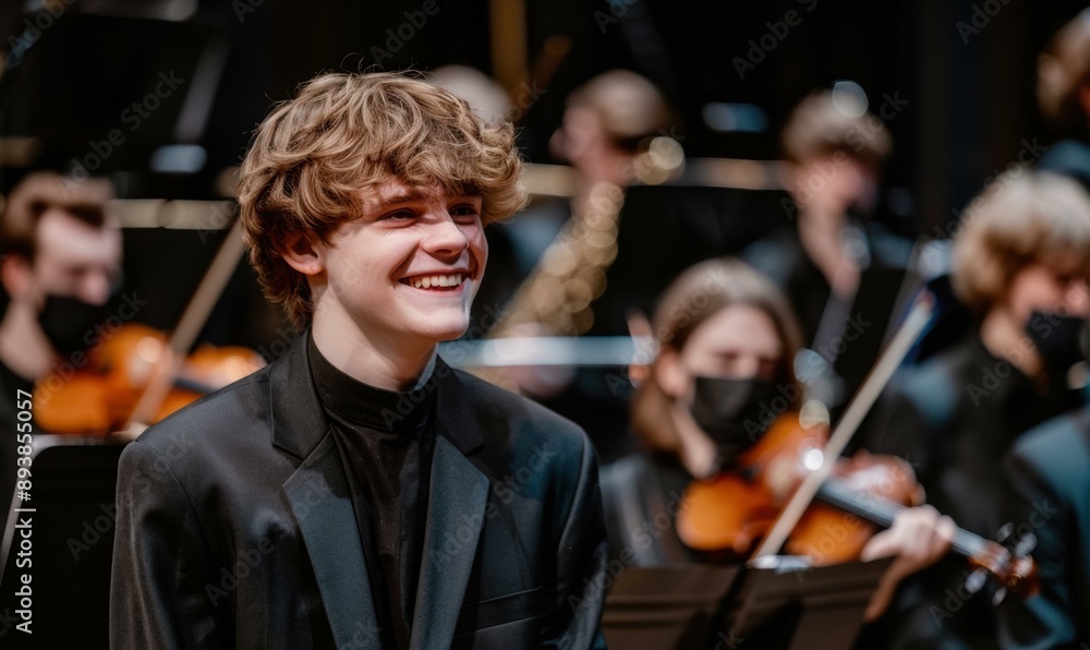 A young musician smiles while playing in an orchestra. AI. A young musician smiles while playing in an orchestra. AI.