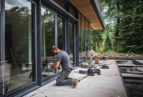 Man fixing glass on a house