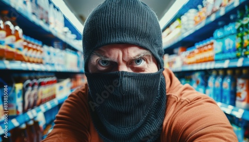 A masked person in a grocery store aisle. AI.