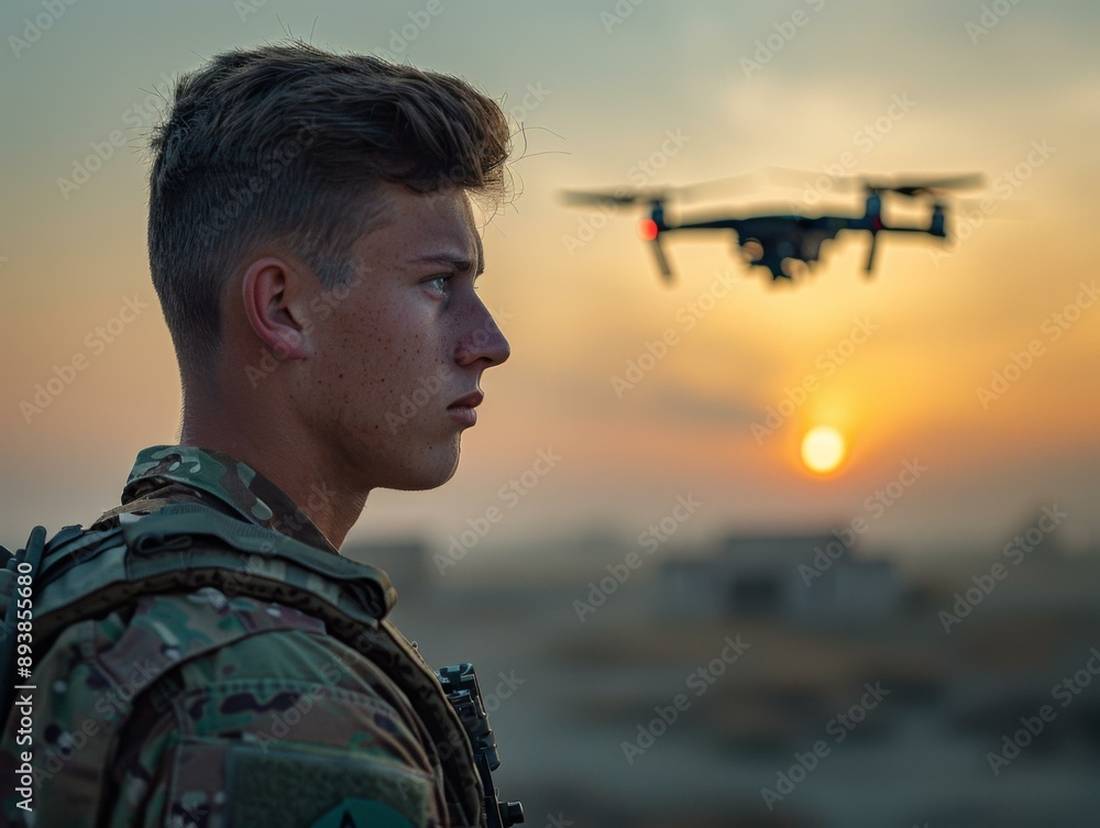 A soldier watches a drone fly overhead during a sunset. AI. A soldier watches a drone fly overhead during a sunset. AI.