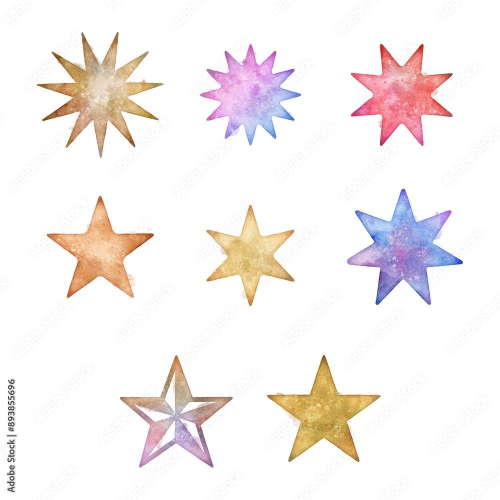 Watercolor star shapes in various colos isolated with transparency Watercolor star shapes in various colos isolated with transparency