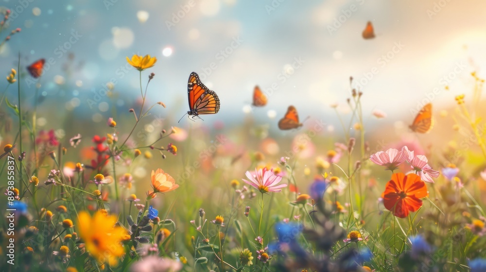 A vibrant meadow with butterflies, bees, and a variety of wildflowers, capturing the essence of spring A vibrant meadow with butterflies, bees, and a variety of wildflowers, capturing the essence of spring