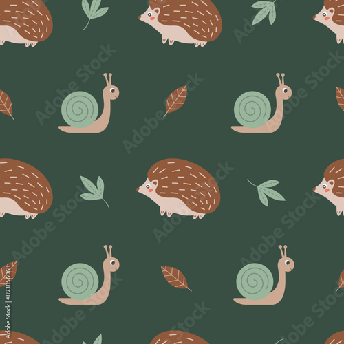 Fall seamless pattern with cute hedgehog, snail and leaves. Autumn, forest or woodland animals theme wallpaper. Suitable for decorating kids' projects. Vector illustration on dark green background.