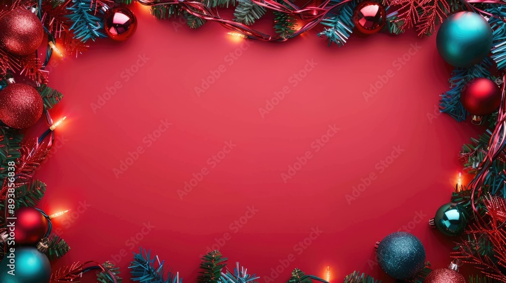 Christmas frame banner with sparkling light garland, Xmas balls, fir tree twigs and copy space on red background Christmas frame banner with sparkling light garland, Xmas balls, fir tree twigs and copy space on red background