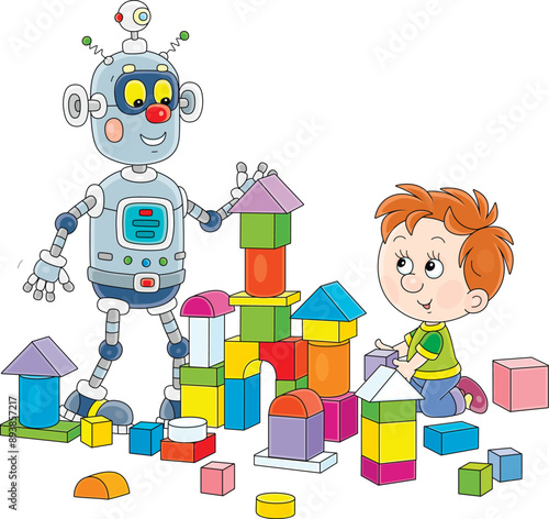 Happy little boy and a funny toy robot playing with colorful blocks and building a toy castle in a playroom, vector cartoon illustration on a white background