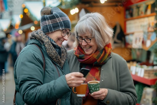 At a festive market, two women are happily spending time together, laughing and sipping hot drinks in winter. They are celebrating their friendship and creating a warm and joyous atmosphere