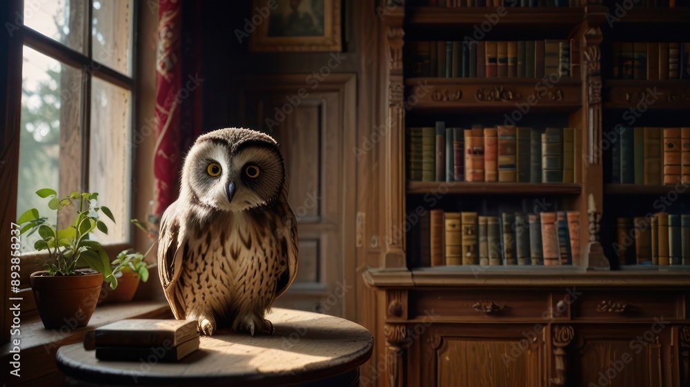 Obraz premium Majestic Owl in Vintage Library Setting with Sunlit Wooden Bookshelves