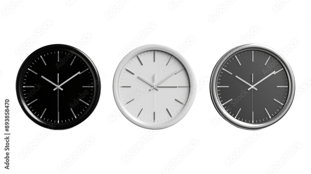 Collection Of Varieties Of Office Clocks Black White And Silver For Time Management And Advertising isolated on transparent background. Generative ai Collection Of Varieties Of Office Clocks Black White And Silver For Time Management And Advertising isolated on transparent background. Generative ai