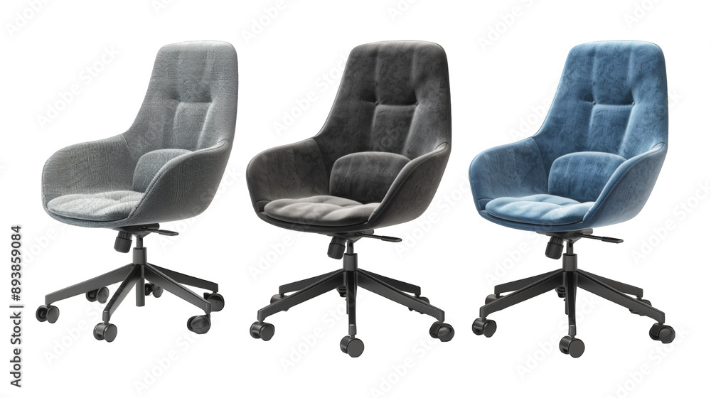 Obraz premium Collection Of Assorted Task Chairs Black Blue And Grey For Productive Workspaces And Marketing isolated on transparent background. Generative ai